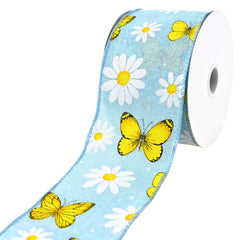 Daisies and Butterflies Faux Linen Wired Ribbon, 10-yard