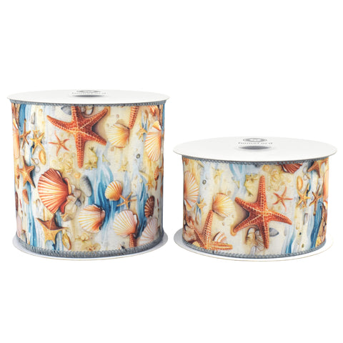 Summer Starfish Seashells Tidepool Deluxe Wired Ribbon, 10-yard