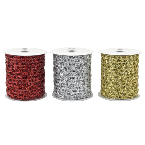 Christmas Expandable Sparkle Tinsel Wired Ribbon, 4-inch, 10-yard