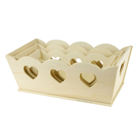 Wooden Craft Scalloped Heart Cutouts Tray Set, Assorted Sizes, 3-piece