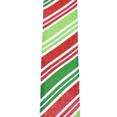 Christmas Glitter Candy Cane Stripes Wired Ribbon, 1-1/2-inch, 10-yard, Green/Red