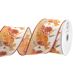 Autumn Pampas Pumpkins Satin Wired Ribbon, 10-yard