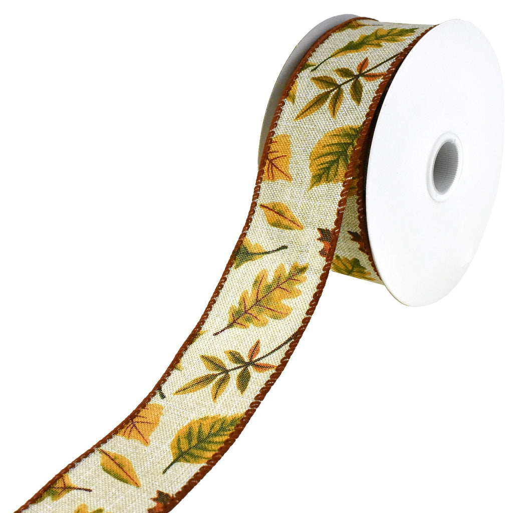 Falling Leaves Faux Linen Wired Autumn Fall Ribbon, 10-yard