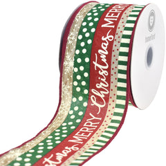 Merry Christmas Mixed Stripes Wired Ribbon, 10-yard