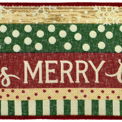 Merry Christmas Stripes Snowflakes Dots Faux Linen Wired Ribbon, 2-1/2-inch, 50-yard