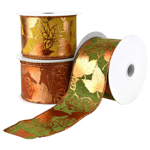 Embossed Metallic Leaves Wired Autumn Fall Ribbon, 2-1/2-inch, 10-yard