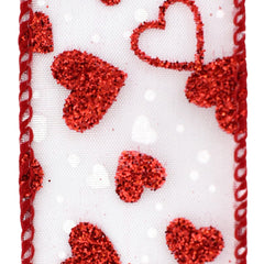 Valentine's Sheer Organza Glittered Hearts Wired Ribbon, 1-1/2-inch, 10-yard