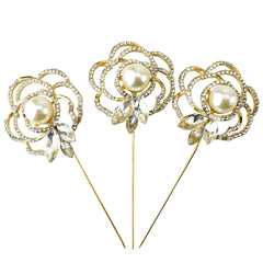 Rhinestone Pearl Rose Pins, 3-1/4-Inch, 3-Count - Gold