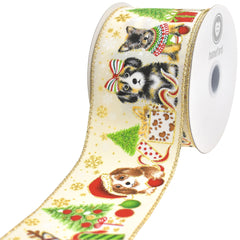 Christmas Tree Doggies Satin Wired Ribbon, 10-yard