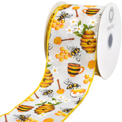 Spring Working Bees Honeycomb Flower Wired Ribbon, 10-yard