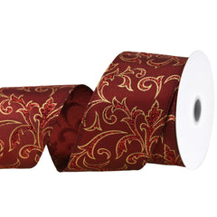 Christmas Glittered Swirls Metallic Faux Linen Wired Ribbon, 2-1/2-inch, 10-yard