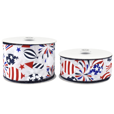 Patriotic Fireworks Balloons Celebration Wired Ribbon, 10-yard