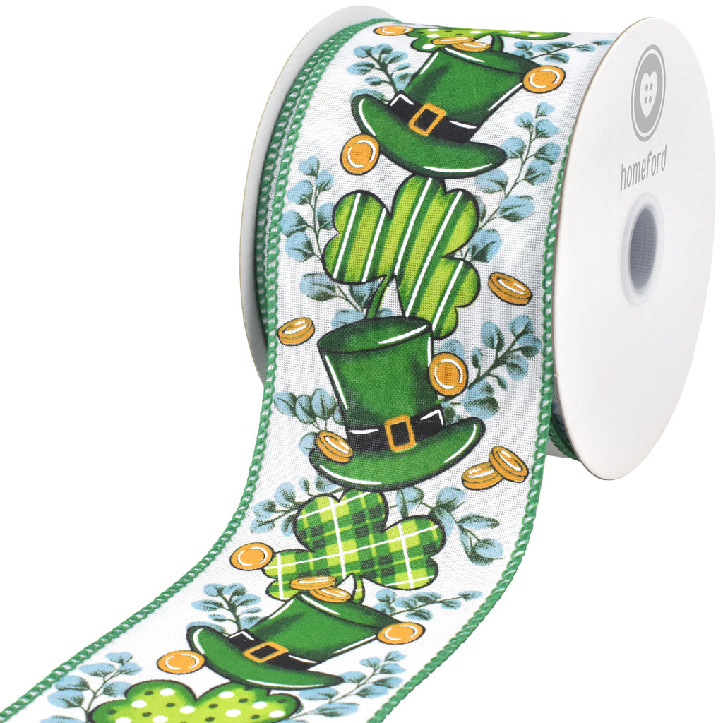 St. Patrick's Leprechaun Hats Coins Foliage Wired Ribbon, 10-yard