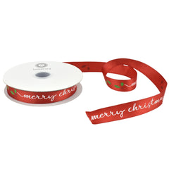 Merry Christmas Cursive Script Holly Berries Satin Ribbon, 5/8-inch, 10-yard