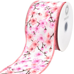Spring Sakura Cherry Blossom Branch Wired Ribbon, 10-yard