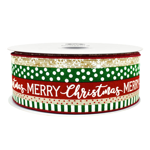 Merry Christmas Stripes Snowflakes Dots Faux Linen Wired Ribbon, 2-1/2-inch, 50-yard