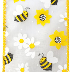 Bumblebees Daisies Sheer Organza Wired Ribbon, 2-1/2-inch, 10-yard