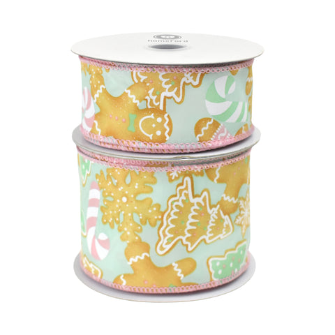 Christmas Gingerbread Cookies Satin Wired Ribbon, 10-yard