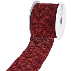 Flocked Damask Pattern Satin Wired Ribbon, 2-1/2-inch, 10-yard