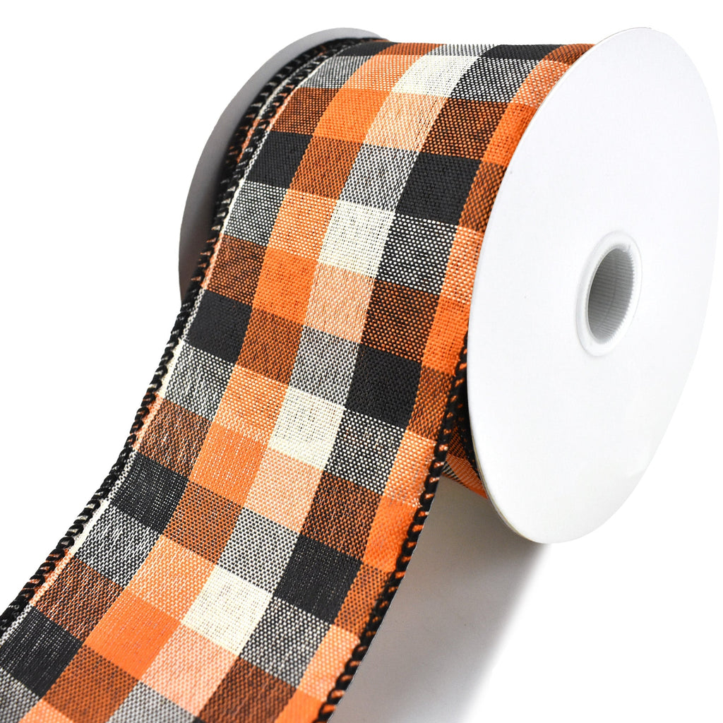Square Plaid Wired Autumn Fall Ribbon, Ivory/Orange/Black, 2-1/2-Inch, 10-Yard