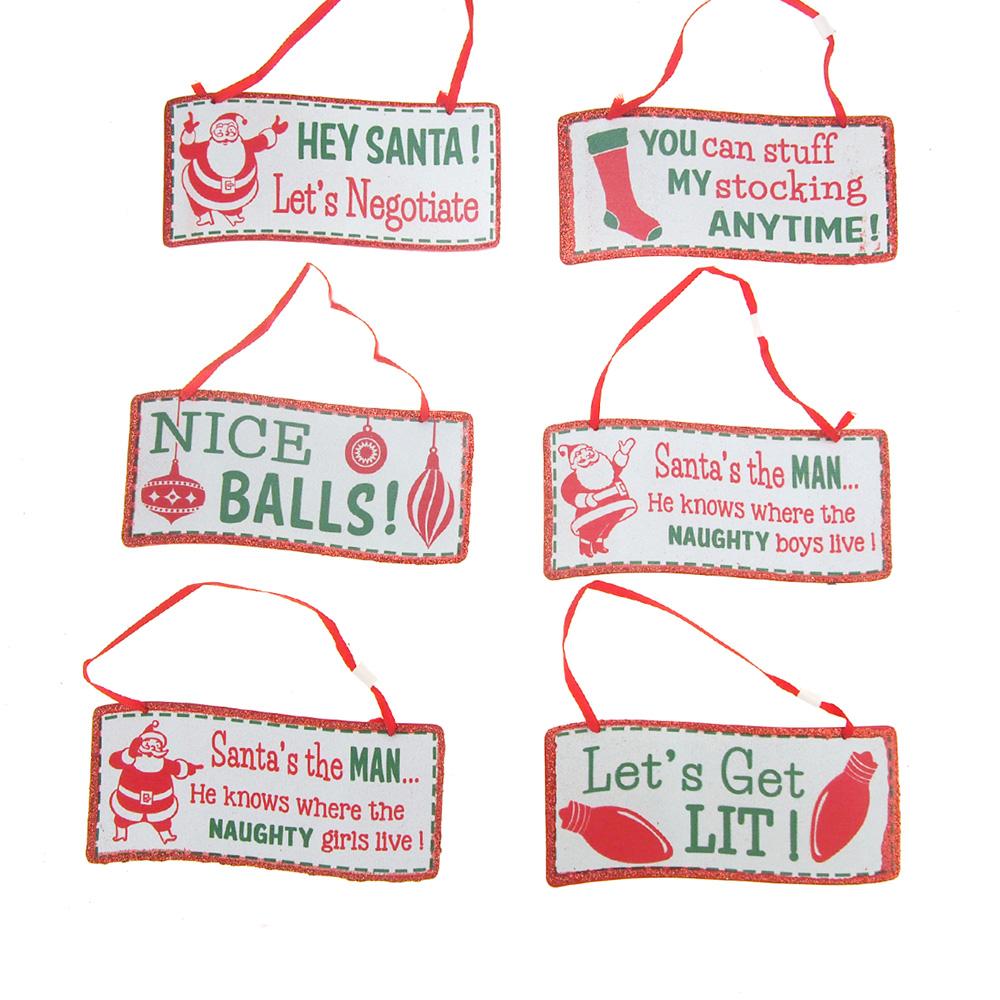 Hanging Metal Novelty Signs Christmas Tree Ornament, Red/Green, 4-1/2-Inch, 6-Piece