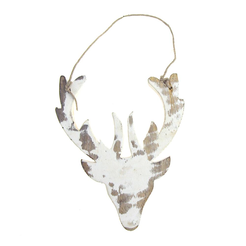 Hanging Distressed Reindeer Head Wooden Christmas Ornament, 5-1/2-Inch