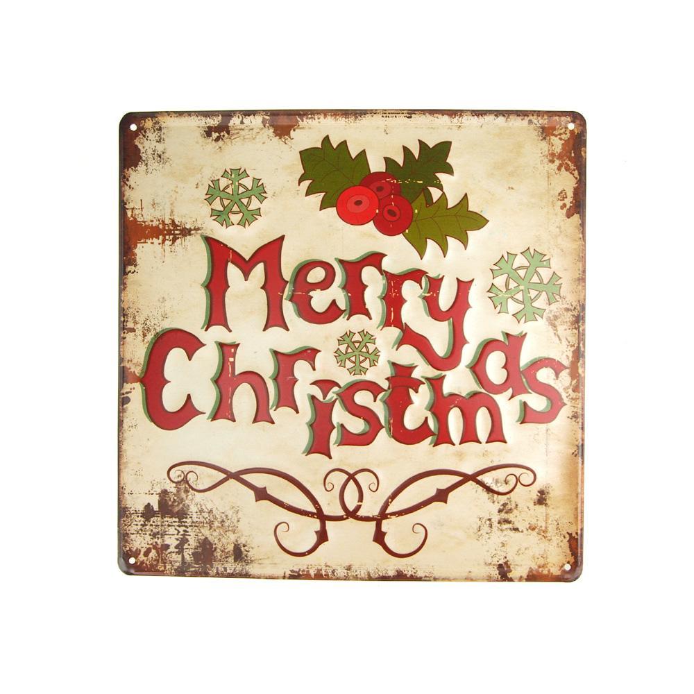 Vintage Style Metal Square "Merry Christmas" Sign with Mistletoe, Beige, 11-3/4-Inch