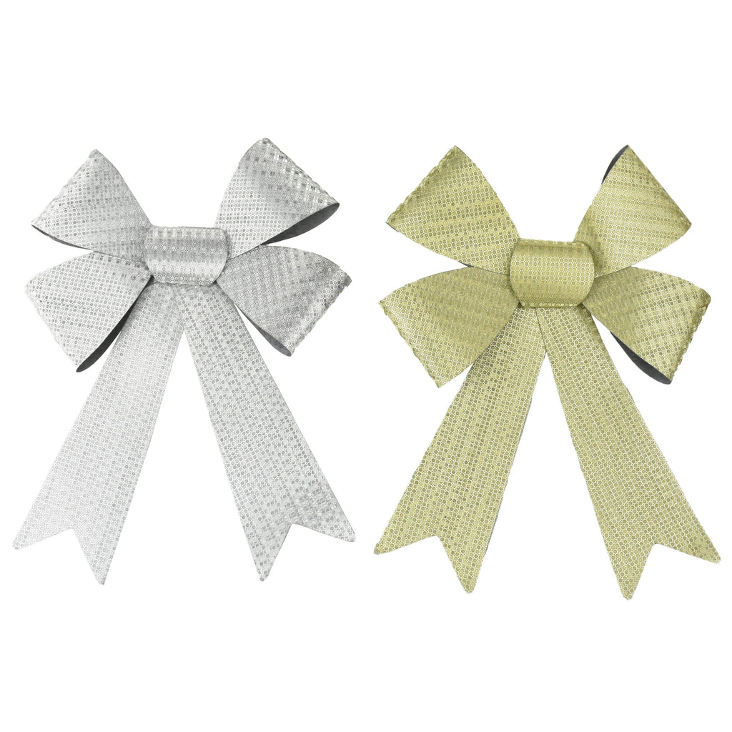 5 Loop Reflective Plastic Christmas Bows, Gold/Silver, 2-Piece