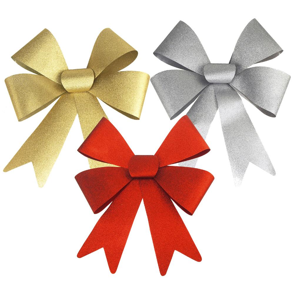 Christmas Plastic Large Bows with Glitters, Gold/Silver/Red, 24-Inch, 3-Piece