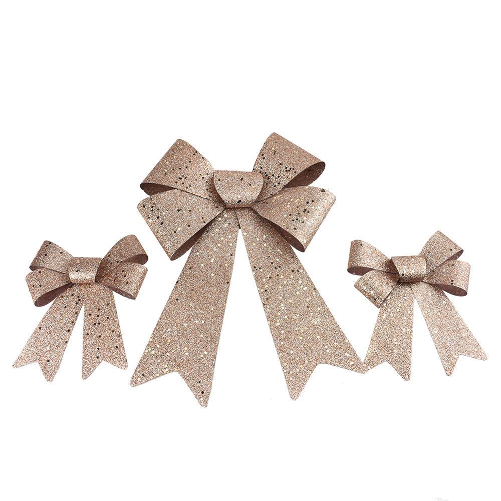 Glittered Plastic Christmas Bows, Rose Gold, 3-Piece