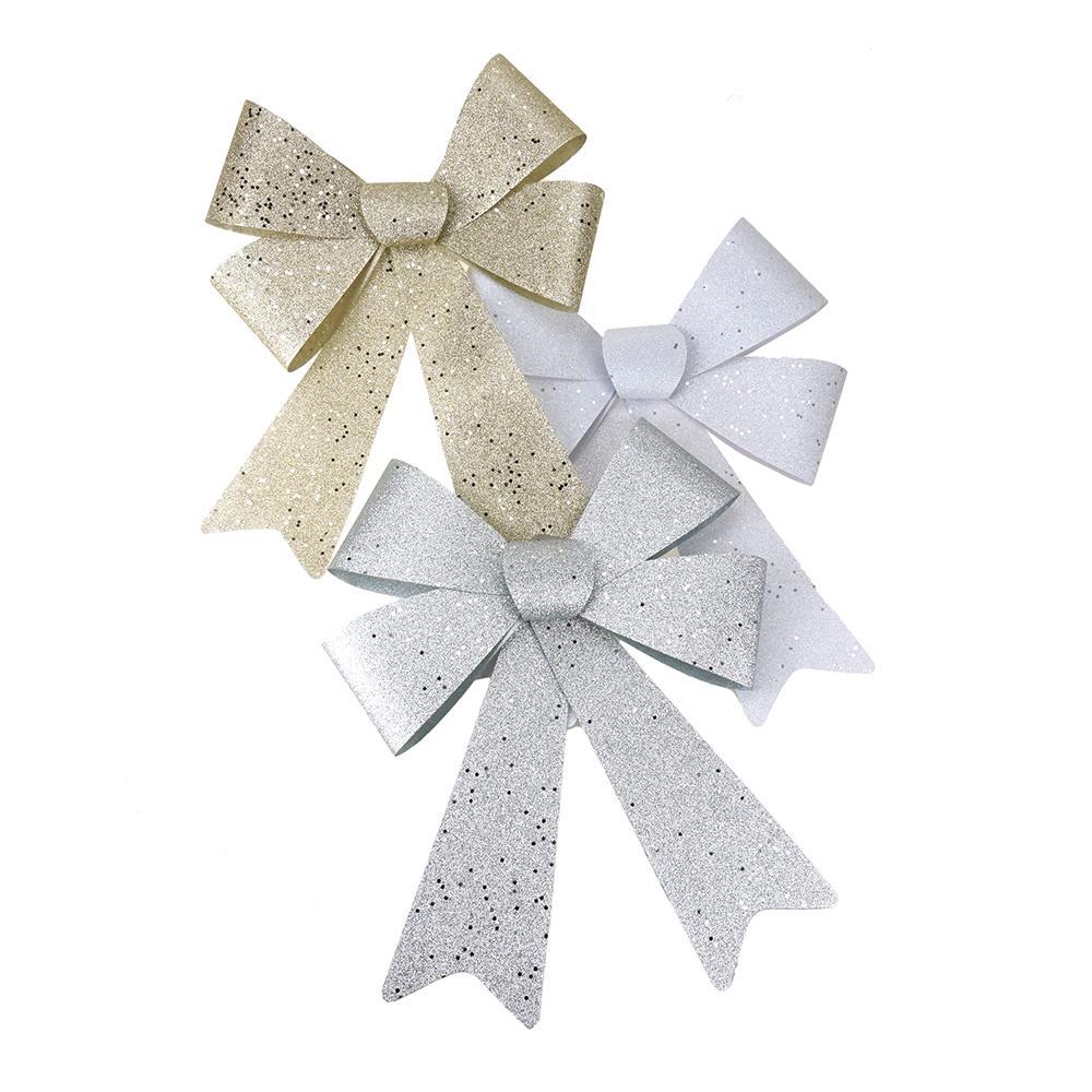 Glitter Plastic Christmas Bows, White/Gold/Silver, 16-Inch, 3-Piece