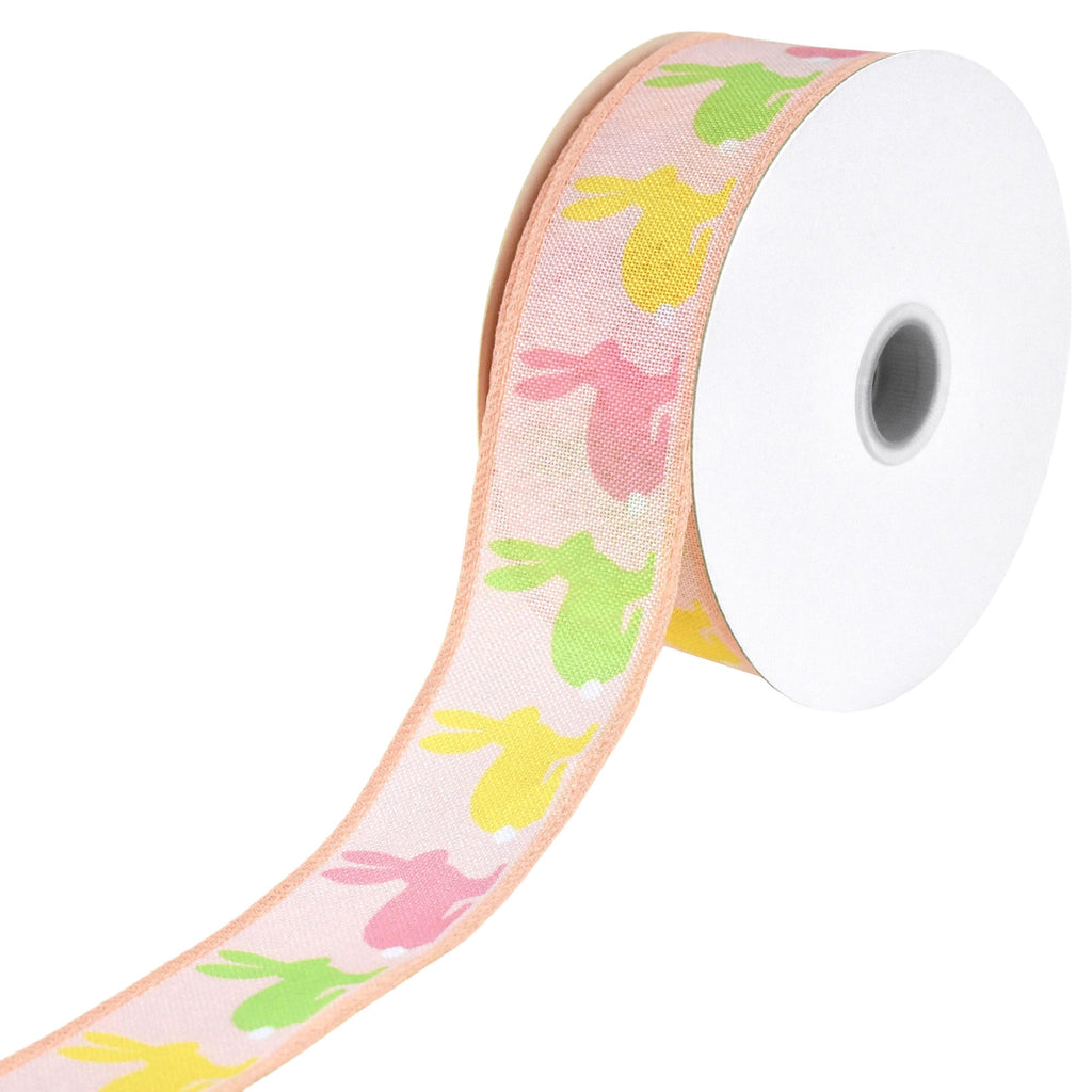 Pastel Easter Bunny Silhouettes Faux Linen Wired Ribbon, 1-1/2-inch, 10-yard