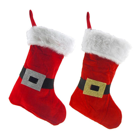 Glitter Santa Belt Christmas Stockings with Faux Fur, Red/White, 15-Inch, 2-Piece