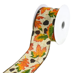 Autumn Leaves and Acorns Wired Ribbon, 10-yard
