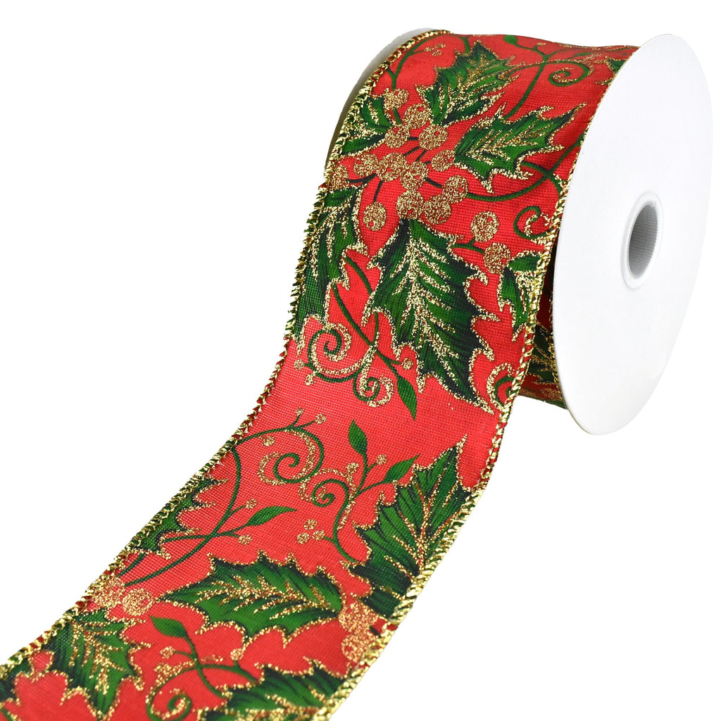 Glittered Holly Leaves Satin Christmas Wired Ribbon, 2-1/2-Inch, 10-Yard