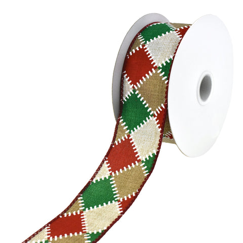 Christmas Stitched Checkers Wired Ribbon, 1-1/2-Inch, 10-Yard