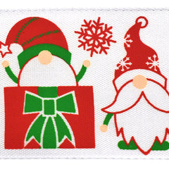 Christmas Gnomes and Presents Satin Ribbon, 1-1/2-Inch, 10-Yard - White