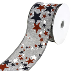 Patriotic Star Bursts Faux Linen Wired Ribbon, 2-1/2-inch, 10-yard