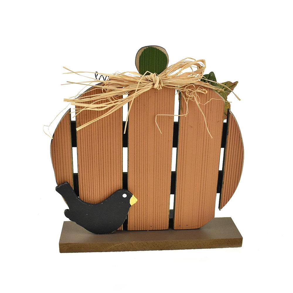 Wood Pumpkin with Crow Tablepiece, 8-Inch