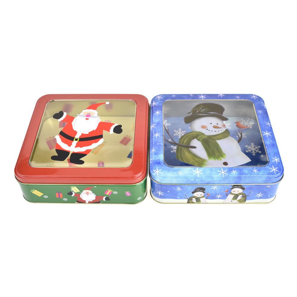Christmas Cookie Tin Square Containers, Snowman/Santa, 2 Styles, Red