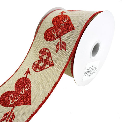 Plaid and Arrowed 'Love' Hearts Linen Wired Ribbon, 2-1/2-Inch, 10-Yard