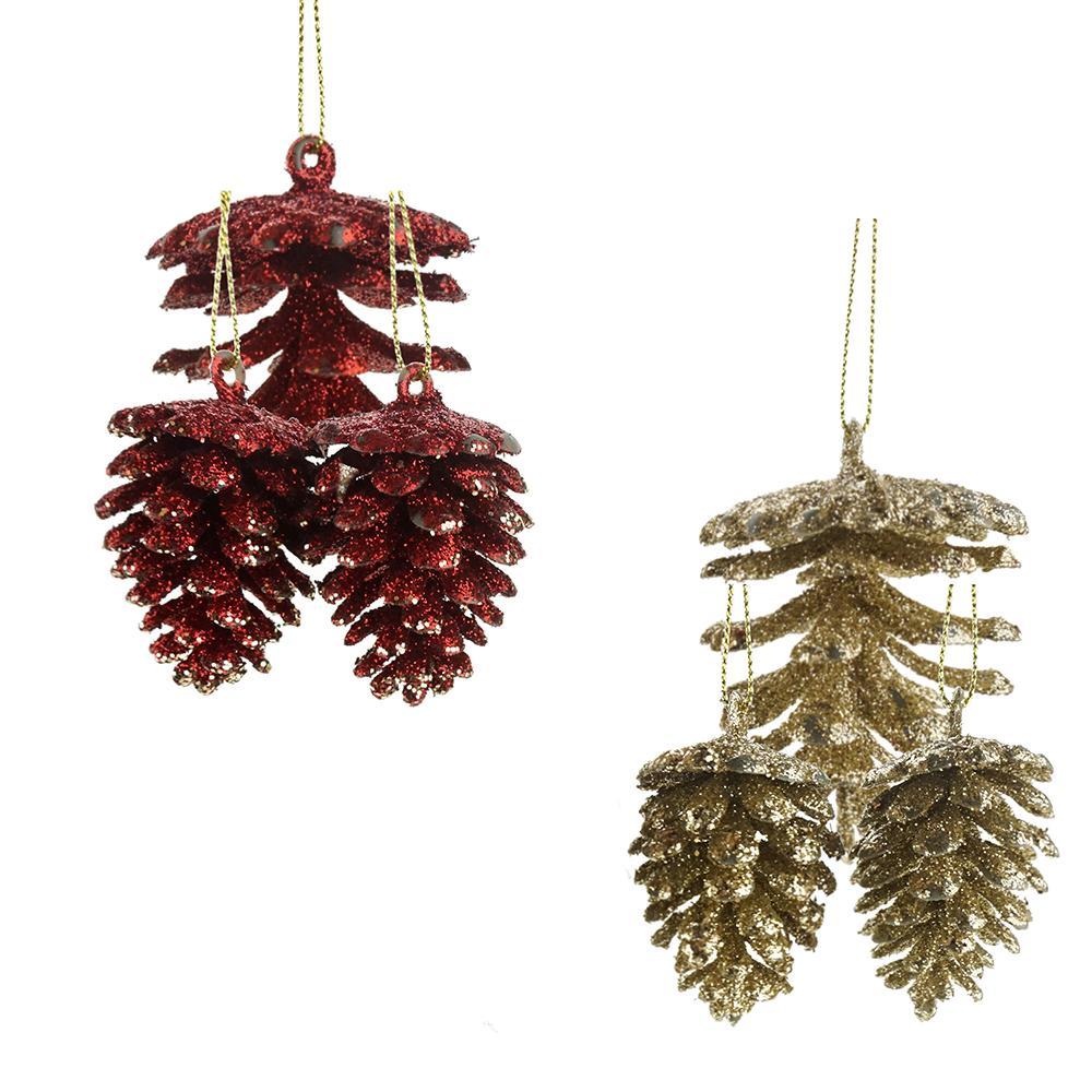 Glitter Frosted Pinecone Christmas Ornaments, Red, Assorted Sizes, 14-Piece