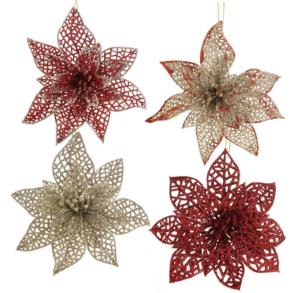 Christmas Glitter Floral Ornaments, Red/Champagne, 8-Piece