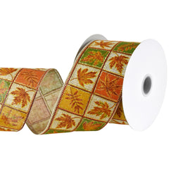 Autumn Leaves Quilt Boxes Faux Linen Wired Ribbon, 2-1/2-inch, 10-yard