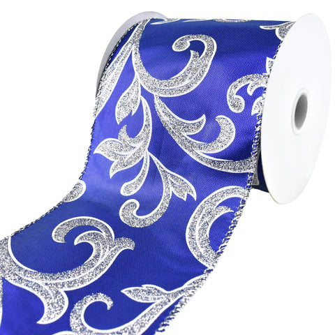 Lamé Scroll Wired Christmas Holiday Ribbon, 4-Inch, 10-Yard - Royal Blue