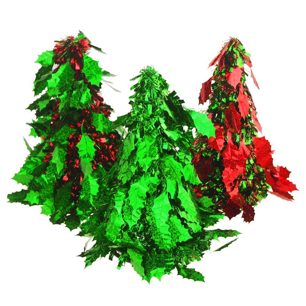 Holy Leaf Tinsel Tree Cone Christmas Tabletop, Green/Red, 10-Inch, 4-Piece