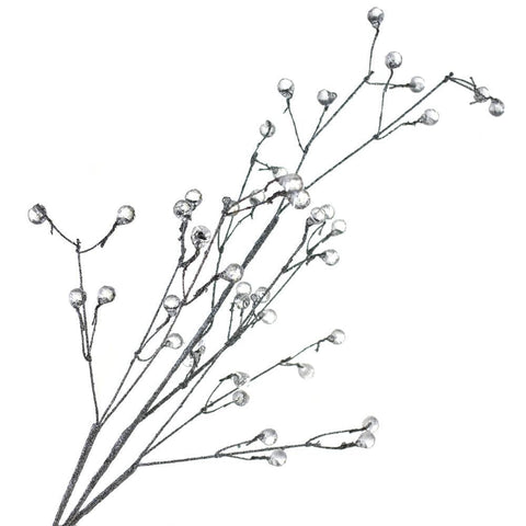 Glitter Beaded Berry Spray Branch, Silver, 25-Inch