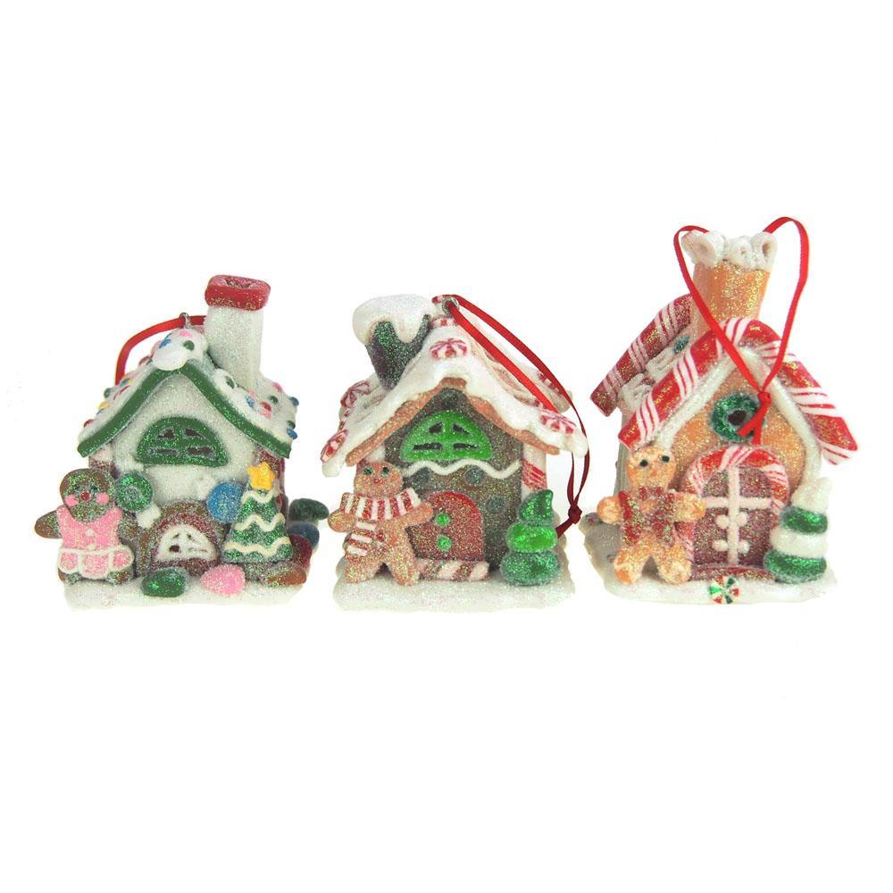 Gingerbread LED House Ornaments, Brown, 3-1/2-Inch, 3-Piece