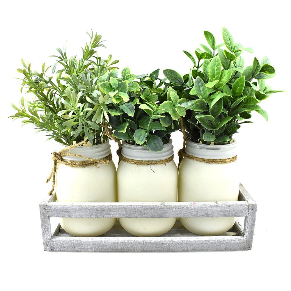 Artificial Mixed Leaves with Jars in Tray, 3-Piece