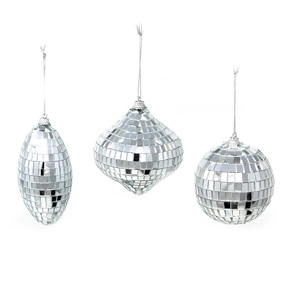 Assorted Shape Mirror Christmas Ornaments, Silver, 3-Piece